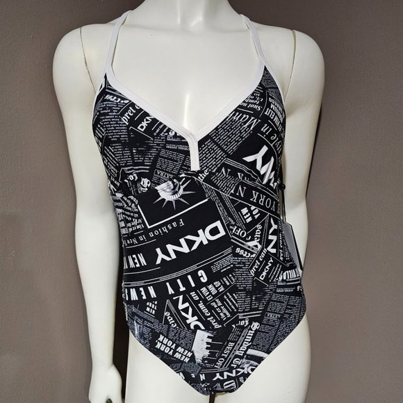 DKNY Graphic T-Back One-Piece Swimsuit Newsprint - Picture 2 of 10